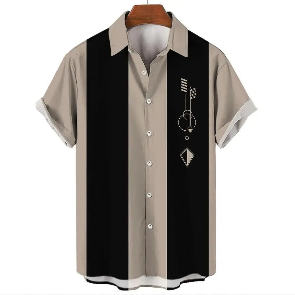 Men's striped Hawaiian short sleeve button-up shirt on a hanger.