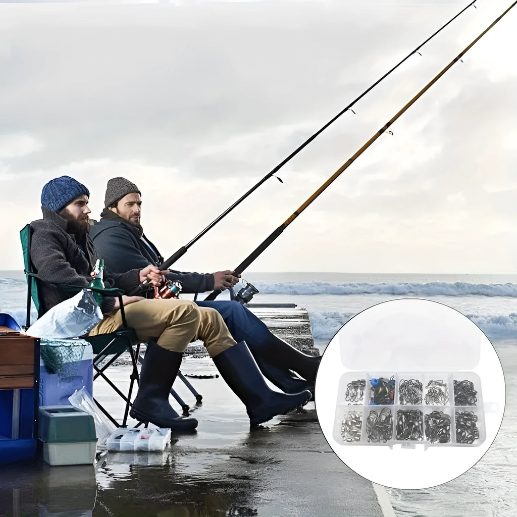 Boxed set of 115 fishing connector swivels with rotating sea bean design in plastic and stainless steel