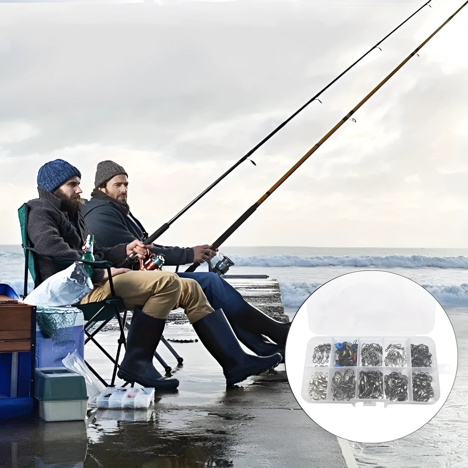 Boxed set of 115 fishing connector swivels with rotating sea bean design in plastic and stainless steel