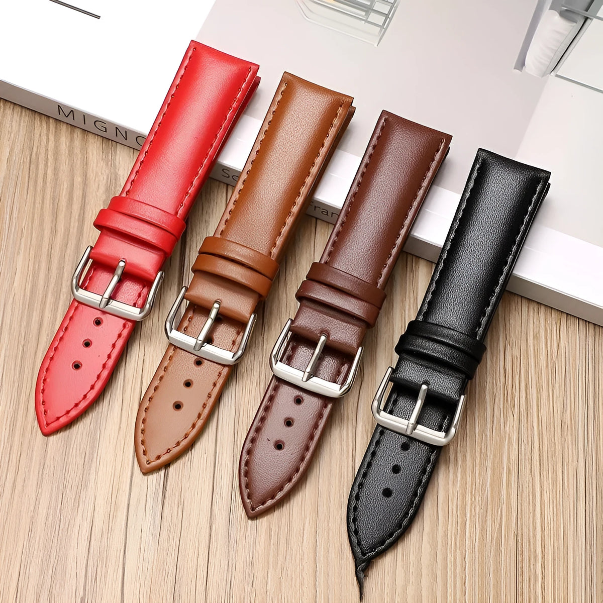 Genuine leather watch strap with straight buckle in black plain colour, 22mm width option
