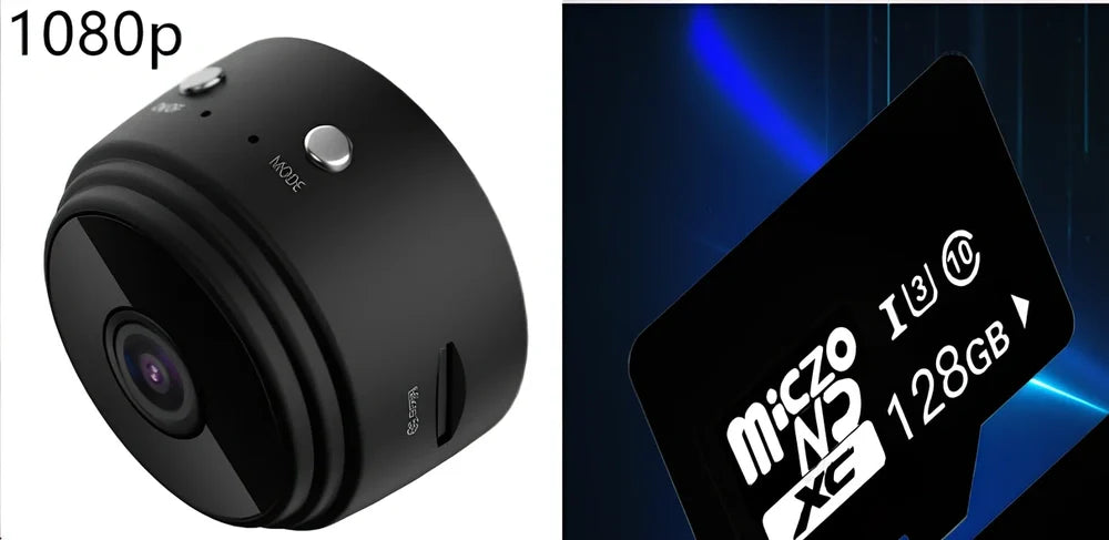 Compact white A9 WiFi sports camera with 1080P HD, infrared night vision, 45x45x50mm size, mounted on rotating bracket