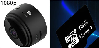 Compact white A9 WiFi sports camera with 1080P HD, infrared night vision, 45x45x50mm size, mounted on rotating bracket