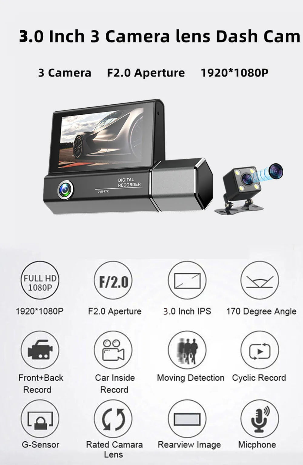 Black three-lens tachograph dash cam for car installation with 1080P HD recording