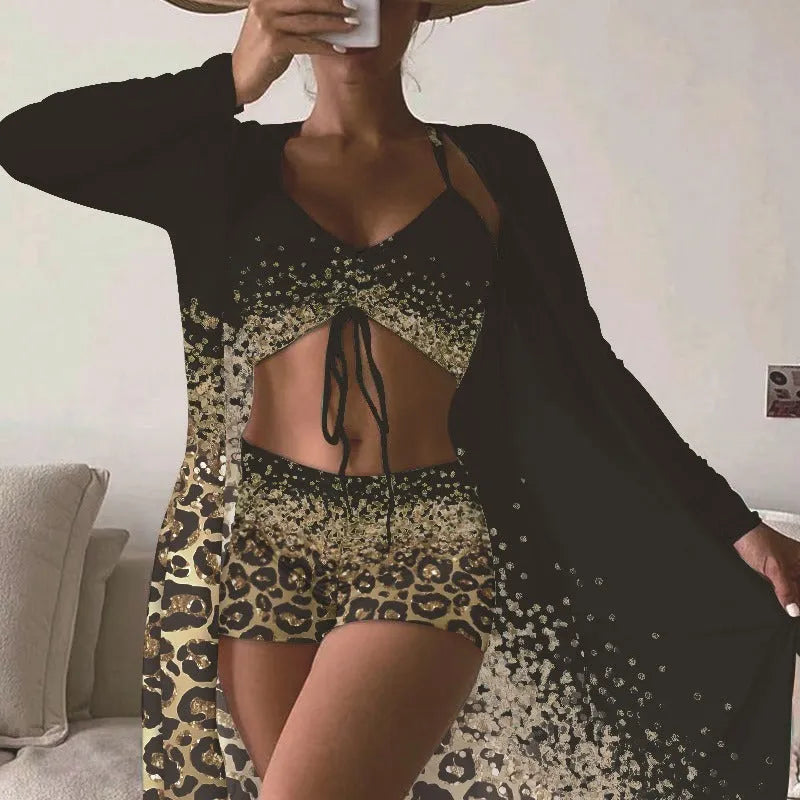 Women's three-piece swimsuit set with high waist shorts and matching coat in polyester fabric