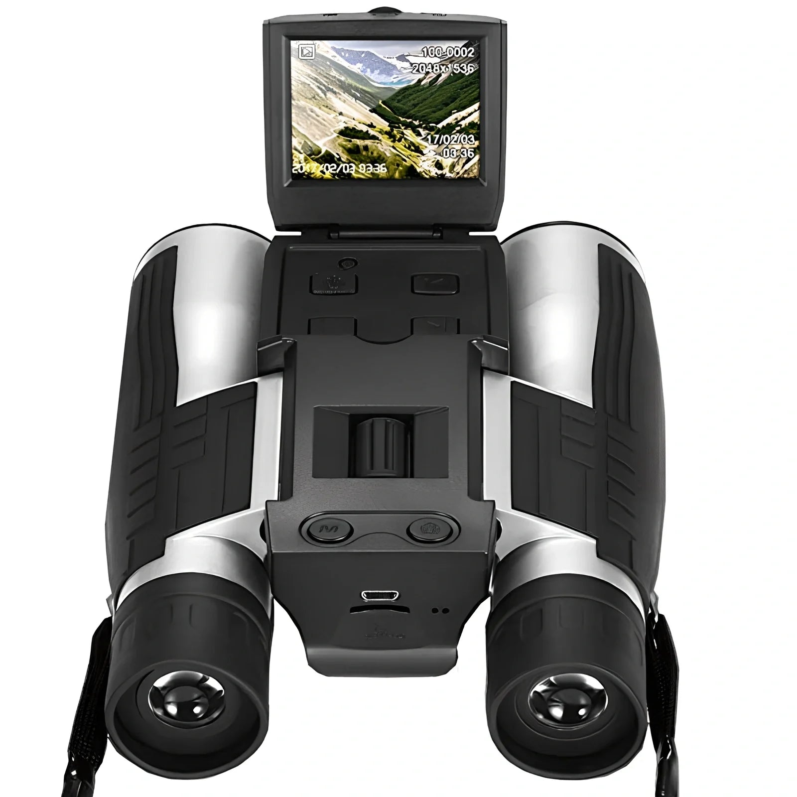 12x32 digital camera binoculars with black nylon housing and 2.5-inch LCD display