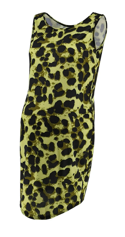 Sleeveless leopard print maternity dress in navy blue, loose waist MIDI length for pregnant women, polyester fabric with V-neck