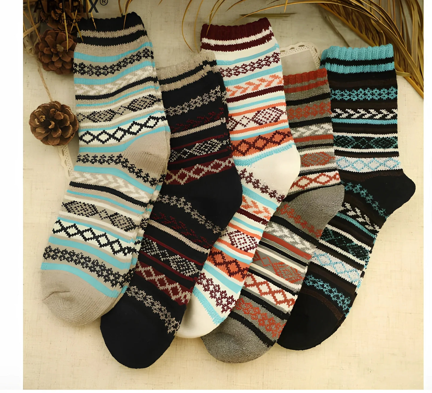 Pack of 5 thick stripe wool blend socks in various colours, featuring 15% rabbit hair for winter warmth, fitting sizes 39-42