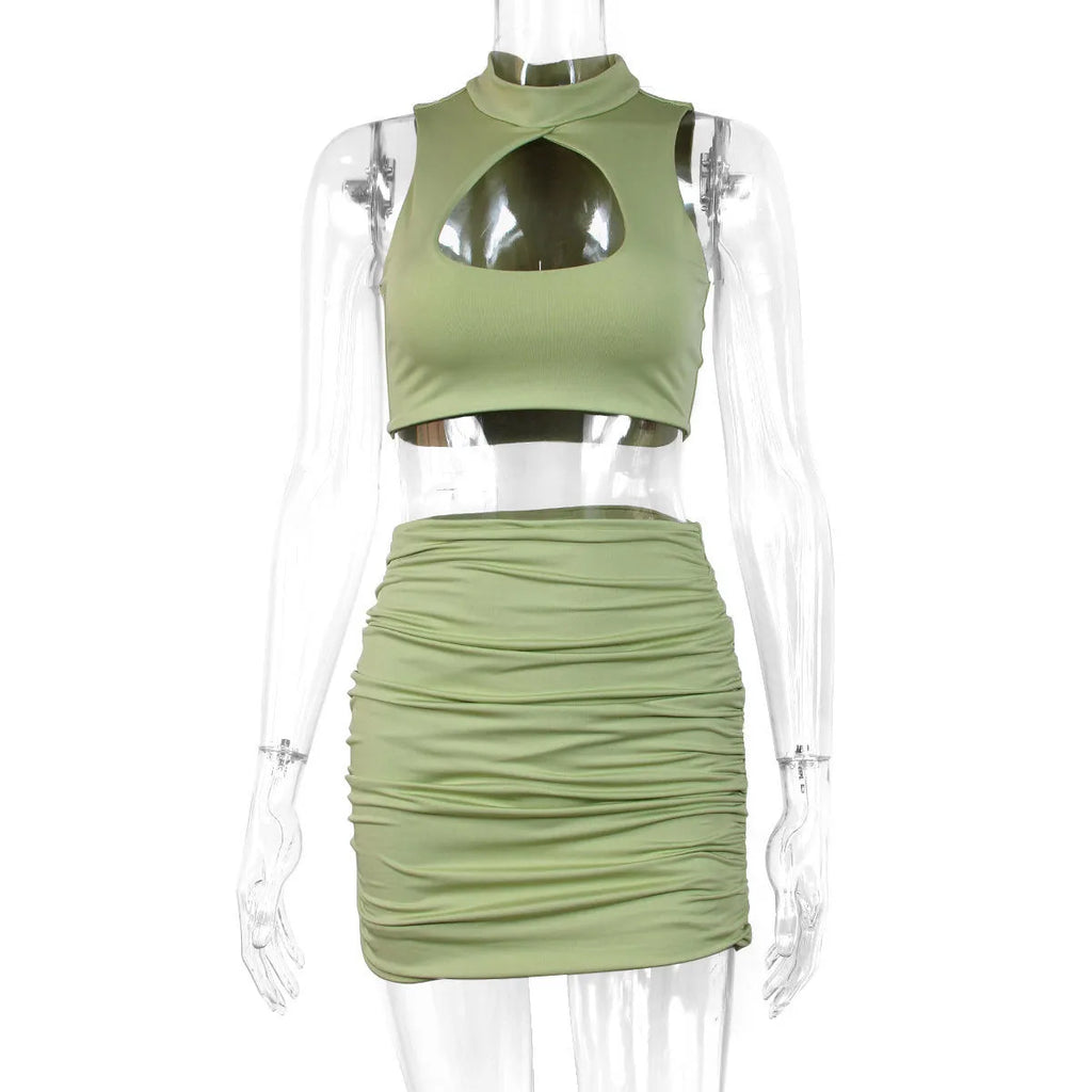 Women's light purple summer two-piece set with hollow-out vest and split skirt