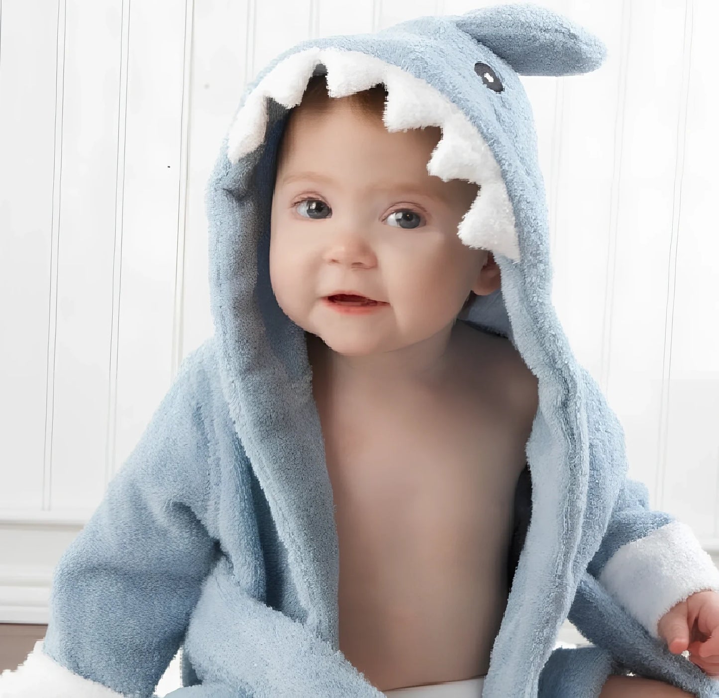 Cotton baby bathrobe with animal hood showing panda design, belt fastening, and absorbent fabric