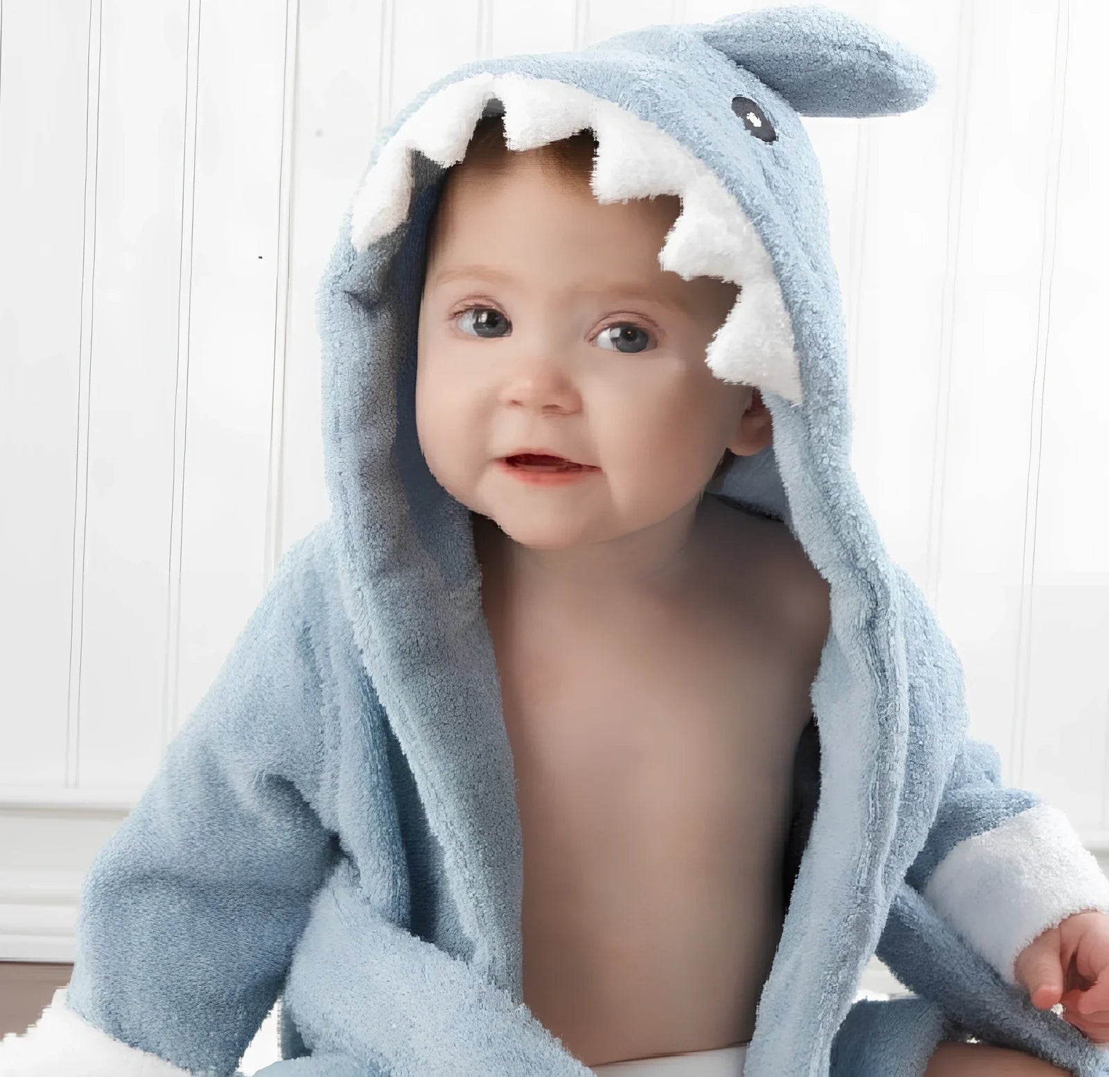 Cotton baby bathrobe with animal hood showing panda design, belt fastening, and absorbent fabric