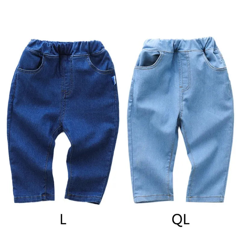 Children's casual straight jeans in blue, 95% cotton, elastic waistband, Korean style
