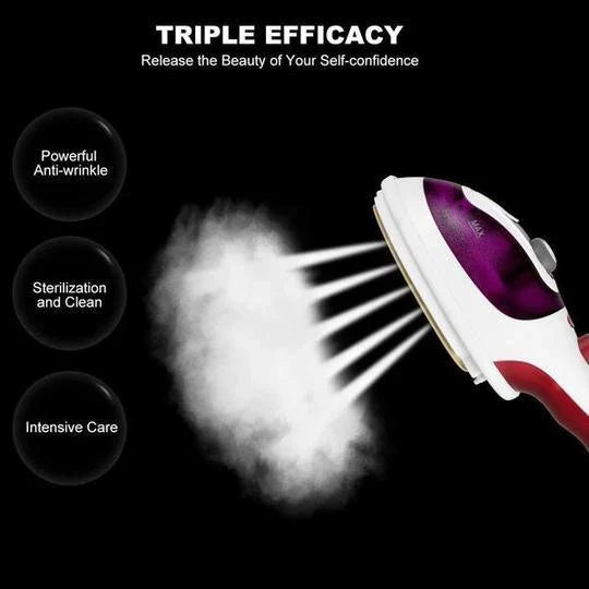 Portable handheld steam iron with multi-directional steam nozzle and compact, lightweight design for efficient fabric refreshing