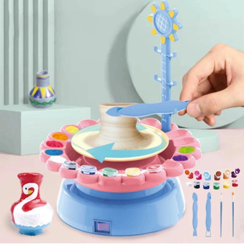 Electric Pottery Drawing Machine DIY Set for kids with clay, paints, and tools