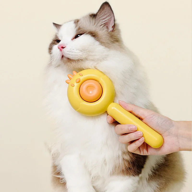 Purple self-cleaning pet grooming brush with stainless steel bristles for cat and dog hair removal