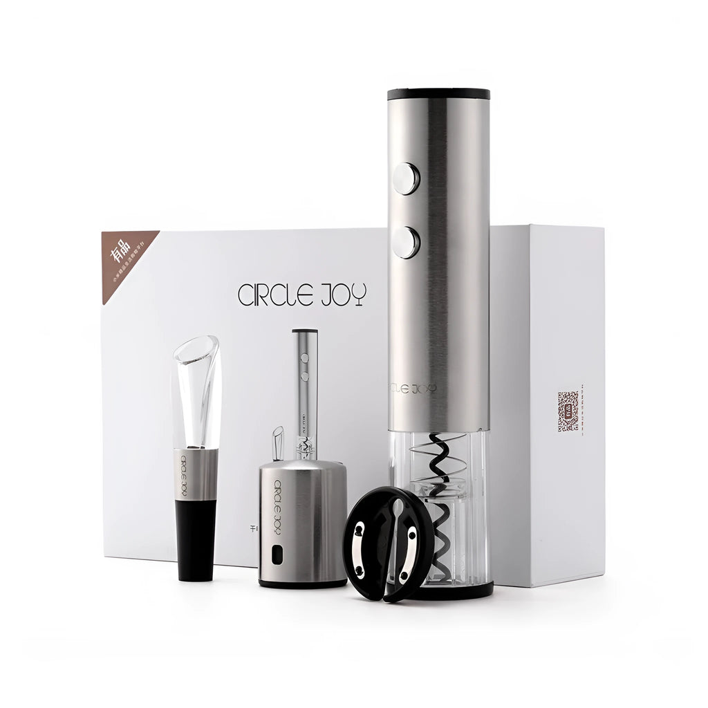 Silver electric corkscrew wine bottle opener with stainless steel finish in a gift box set
