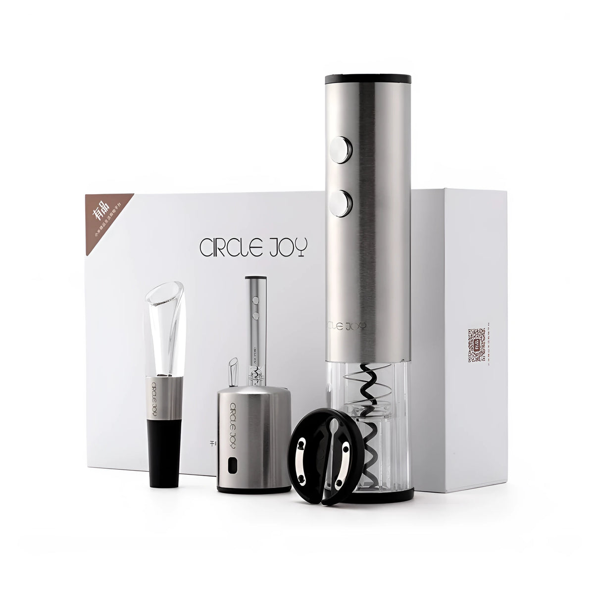 Silver electric corkscrew wine bottle opener with stainless steel finish in a gift box set