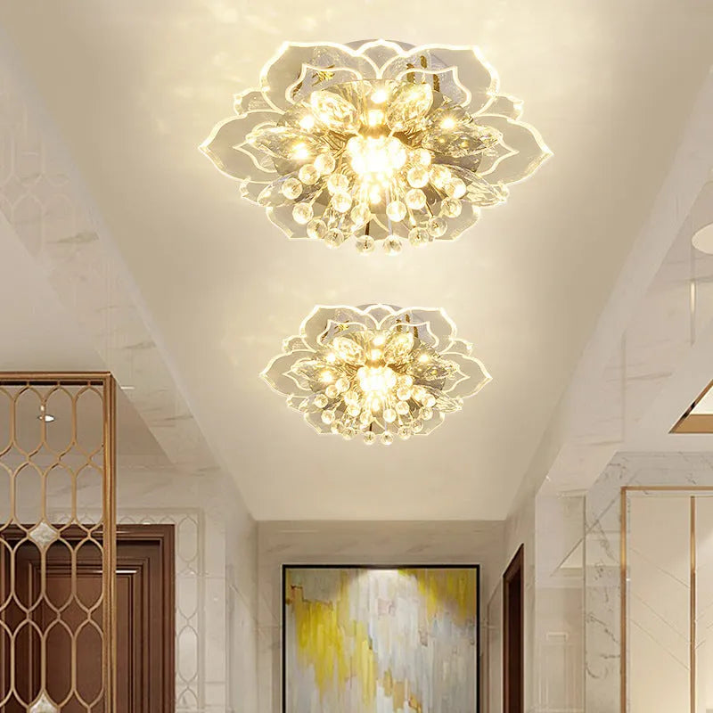 Modern crystal ceiling lamp with flower-shaped acrylic and stainless steel shade for corridor and living room illumination