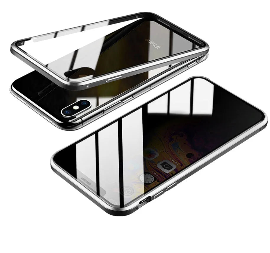 Glass anti-spy clamshell phone case in multiple colours for iPhone models.