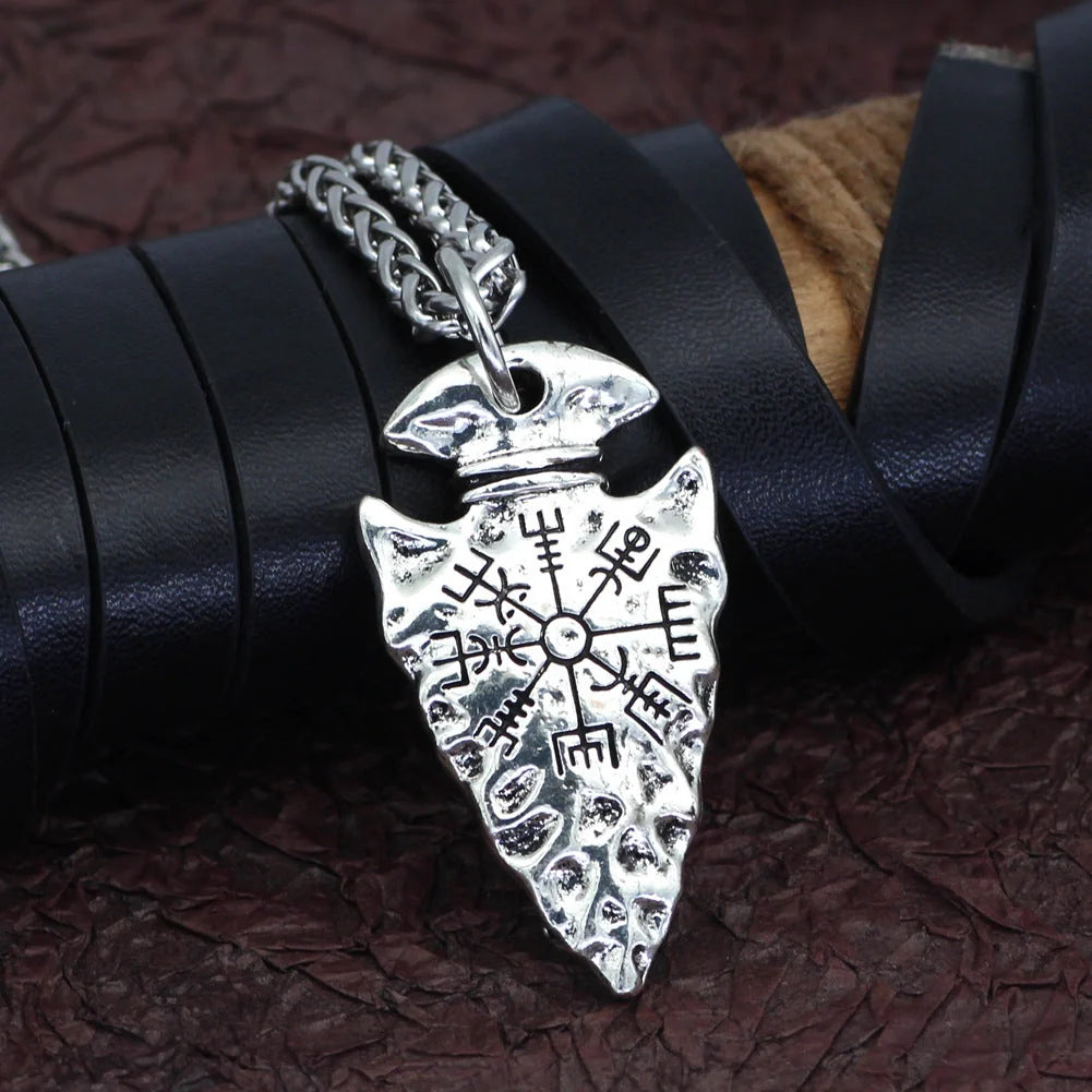 Unisex geometric alloy compass pendant necklace in silver and ancient tin finishes