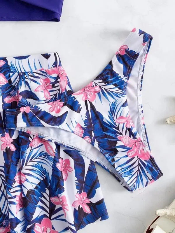 Women's high-waisted bikini swimsuit three-piece set in polyester fabric covering belly area
