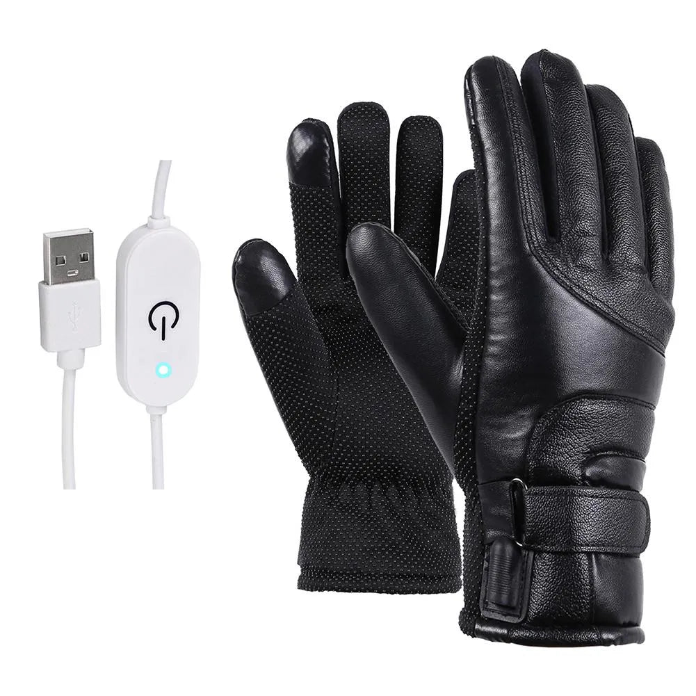 Winter electric heated gloves in black with adjustable palm sticker and touch screen compatible fingertips