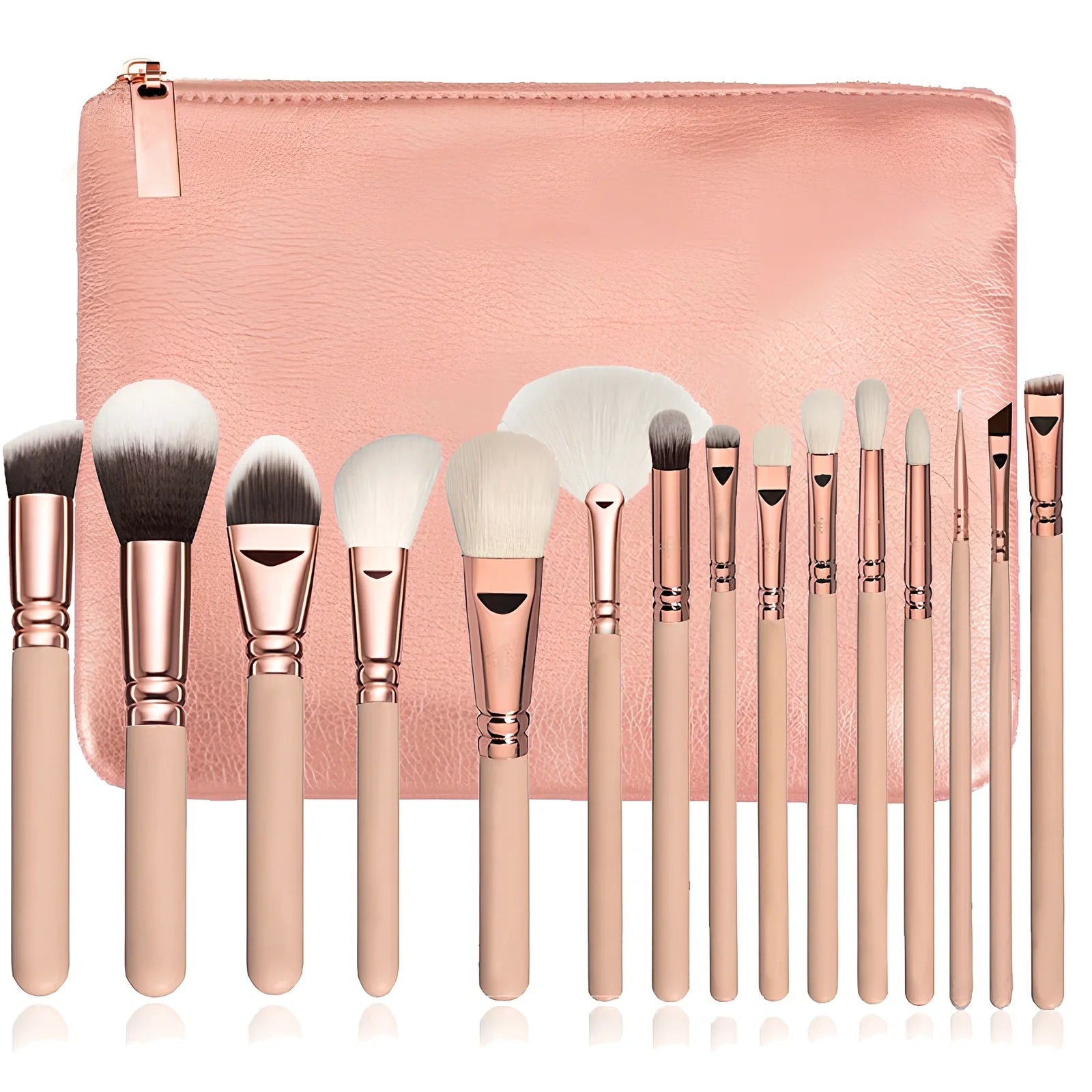 15-piece rose gold makeup brush set with synthetic nylon bristles and wooden handles in pink or brown, including carry bag for storage