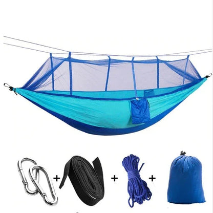 Parachute hammock with mosquito net in various colors and sizes, ideal for outdoor adventures and relaxation