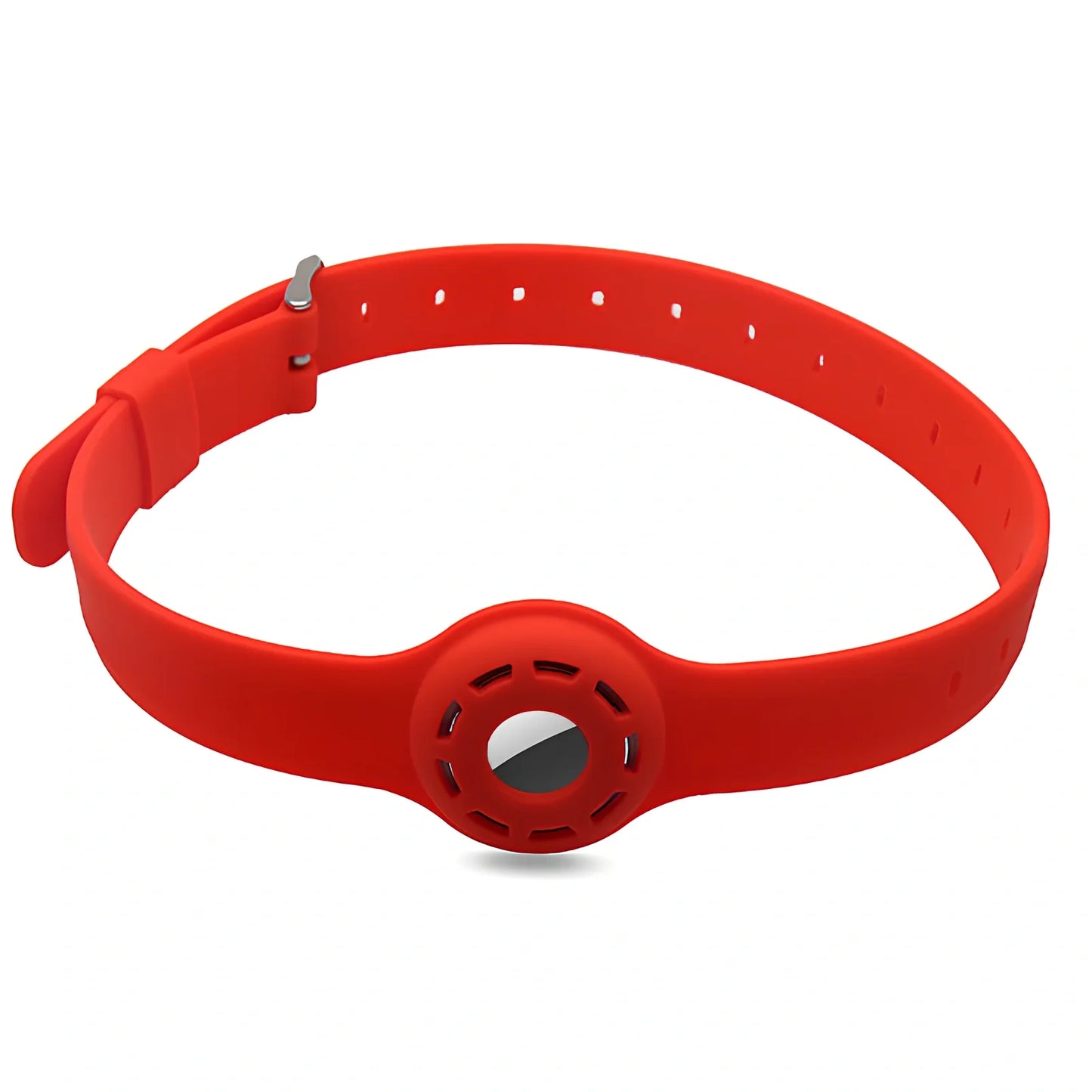 Red silicone AirTag tracker collar wrapped on pet neck, adjustable armband in solid colour for anti-lost security