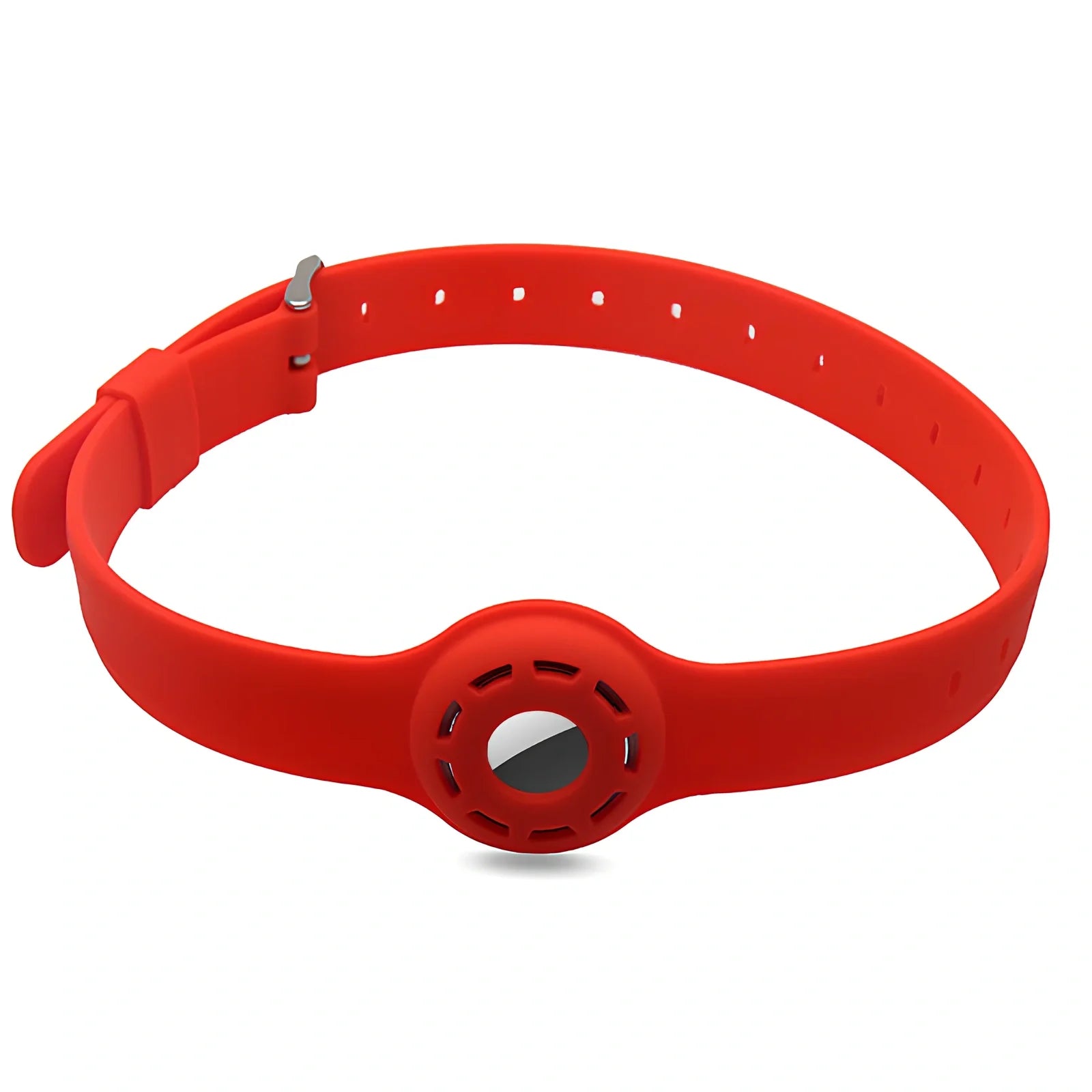 Red silicone AirTag tracker collar wrapped on pet neck, adjustable armband in solid colour for anti-lost security