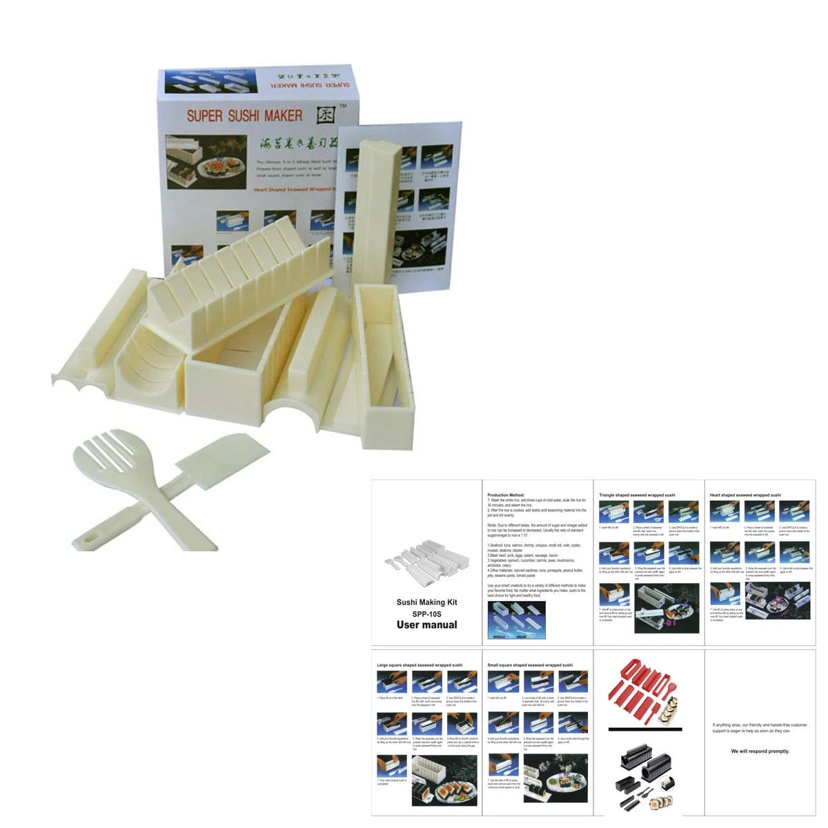 Plastic sushi making kit with 5 molds for creating heart, round, and square sushi shapes