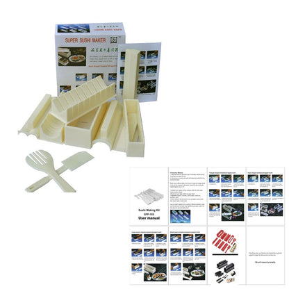 Plastic sushi making kit with 5 molds for creating heart, round, and square sushi shapes