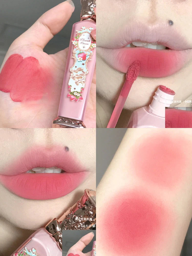 Flower Knows Strawberry Rococo Series Embossed Blush Velvet Matte Lip Glaze in vintage-inspired packaging