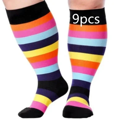 Plus-size compression socks in various stylish patterns for improved leg health and comfort