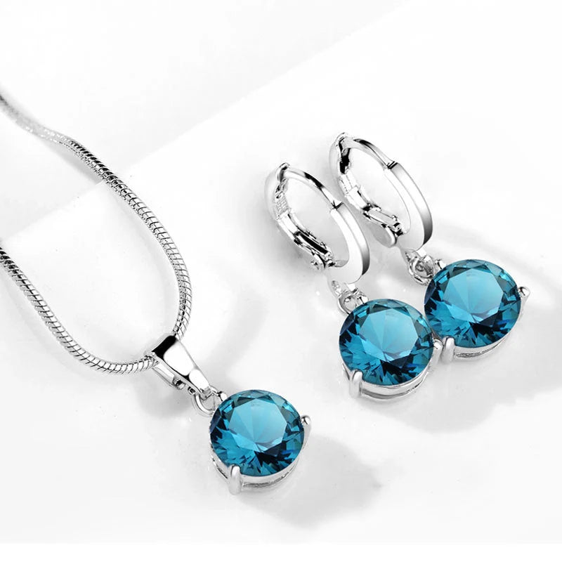 Water Drop Necklace Earring Set with zircon gemstones and snake bone chain