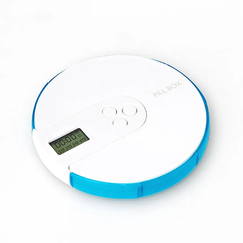 A compact blue alarm clock pill dispenser with seven compartments and an LED time display.