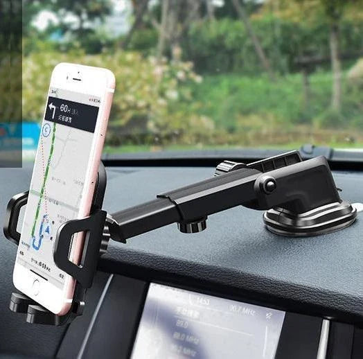 Adjustable car phone holder with suction cup mount, suitable for various smartphone sizes