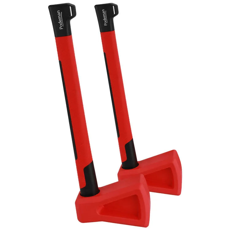 Red plastic axe-shaped muscle trainer for home fitness and strength exercises.