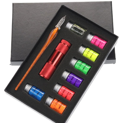 Fluorescent fountain pen dip ink set with 8 glowing colours in borosilicate glass bottles