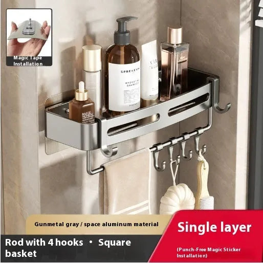 Gun gray triangle bathroom storage rack mounted in corner with punch-free installation