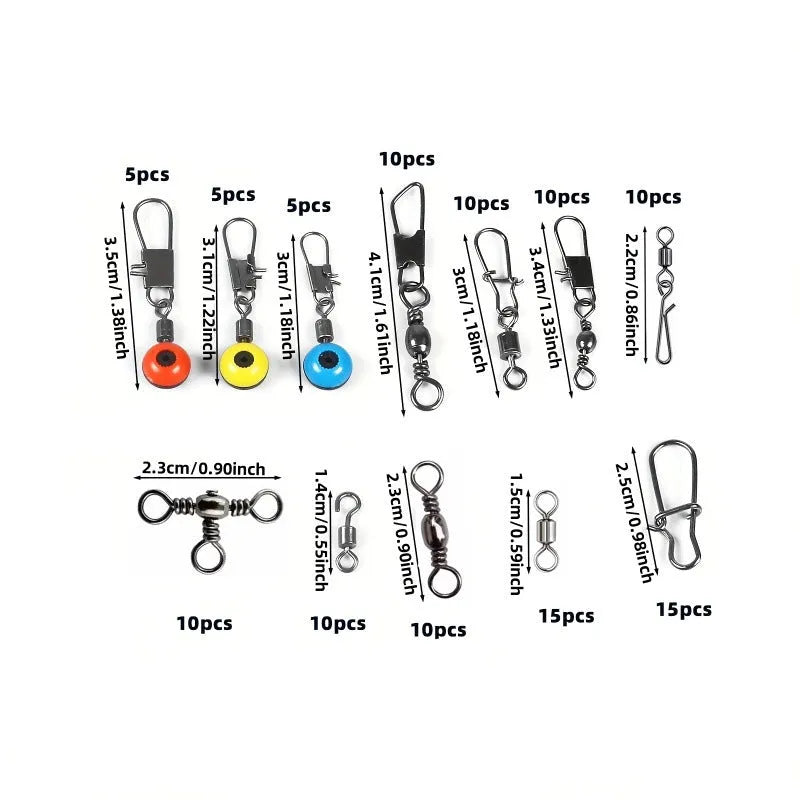 Boxed set of 115 fishing connector swivels with rotating sea bean design in plastic and stainless steel
