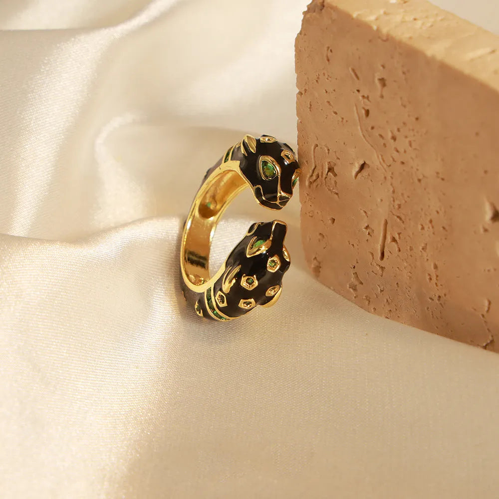 Black cheetah print open geometric ring for women, size No 7, made of electroplated copper.