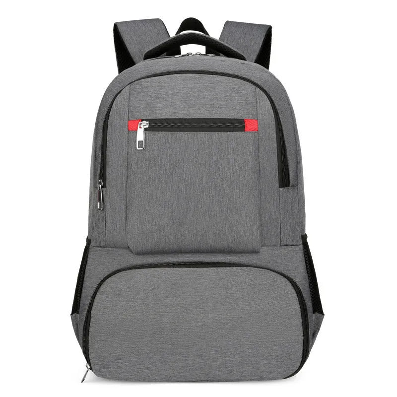 Light grey insulated Oxford cloth backpack with curved shoulder straps on a neutral background.