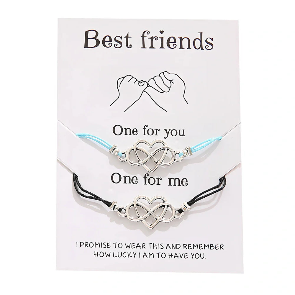 Adjustable heart-shaped alloy friendship bracelet set in black, blue, purple, red colours, 16-26cm length with Korean wax line