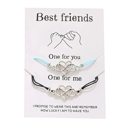 Adjustable heart-shaped alloy friendship bracelet set in black, blue, purple, red colours, 16-26cm length with Korean wax line