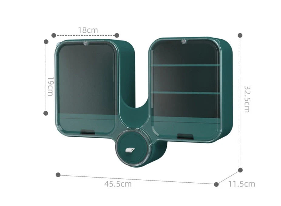Wall-mounted cosmetic storage box in orange, green, or white with rotating lid and no nails required