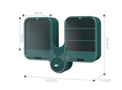 Wall-mounted cosmetic storage box in orange, green, or white with rotating lid and no nails required