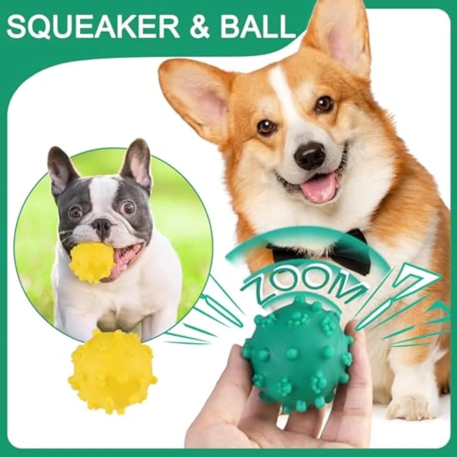 Set of bright blue, green, pink, and yellow spiked squeaky dog balls for small dogs on a lawn.