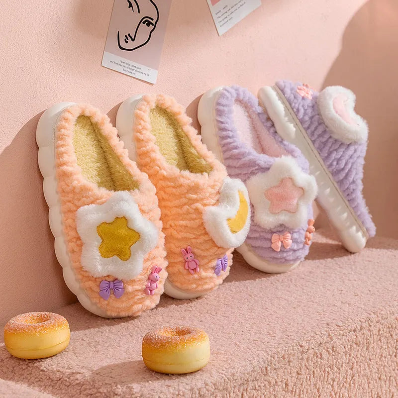 Women's light blue cartoon animal fleece-lined slippers with floral pattern and PVC sole