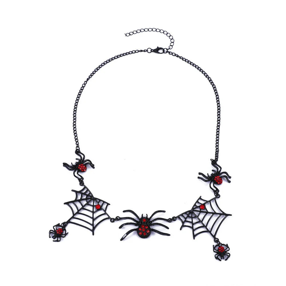 A close-up of a necklace featuring an intricate spider web design, made of high-quality alloy with a polished finish.