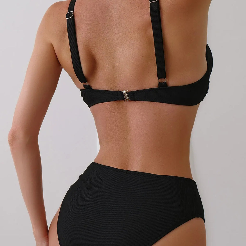 Women's solid colour rib fabric two-piece bikini set on a hanger.